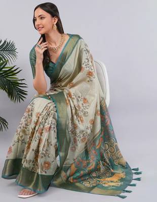 Off white polyester printed saree with blouse 3