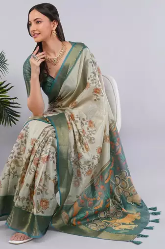 Off white polyester printed saree with blouse