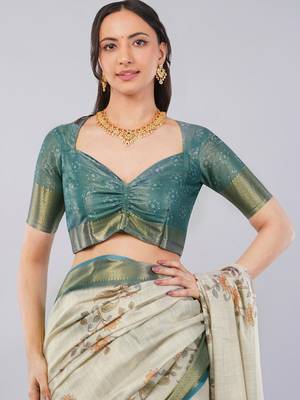 Off white polyester printed saree with blouse 4