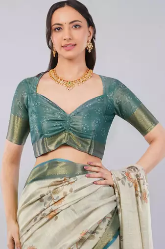 Off white polyester printed saree with blouse