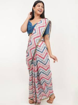 White linen printed saree with blouse 2