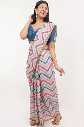 White linen printed saree with blouse