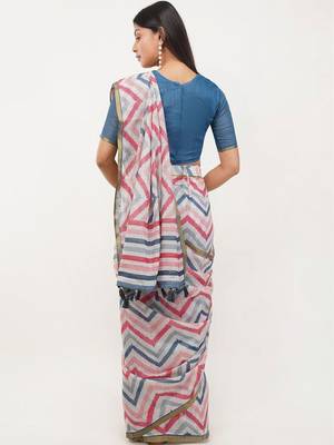 White linen printed saree with blouse 3