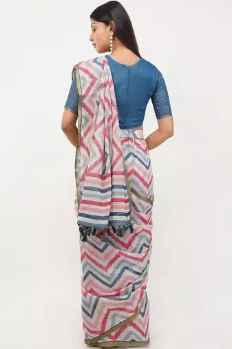 White linen printed saree with blouse