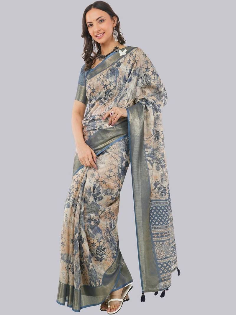 Multicolor polyester printed saree with blouse