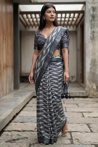 Grey linen woven design saree with blouse