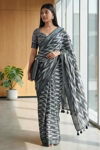 Grey linen woven design saree with blouse