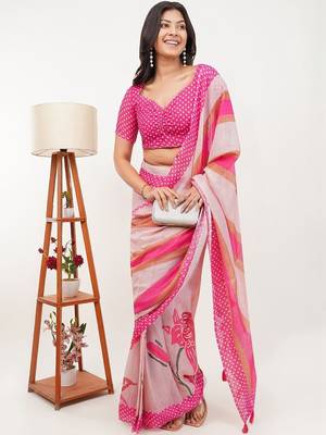 Pink linen printed saree with blouse 1