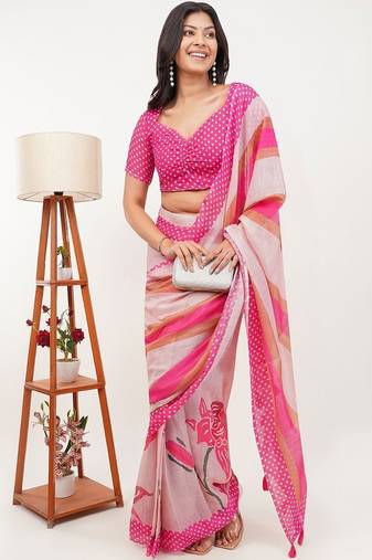 Pink linen printed saree with blouse