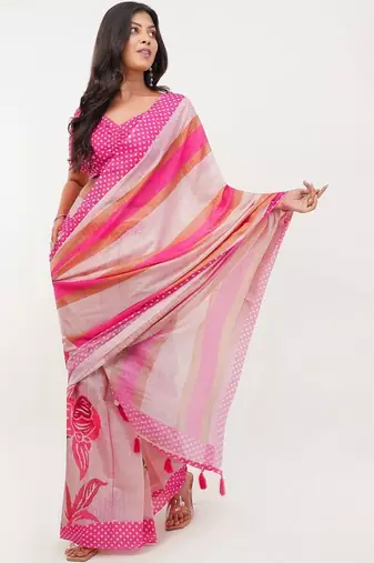 Pink linen printed saree with blouse