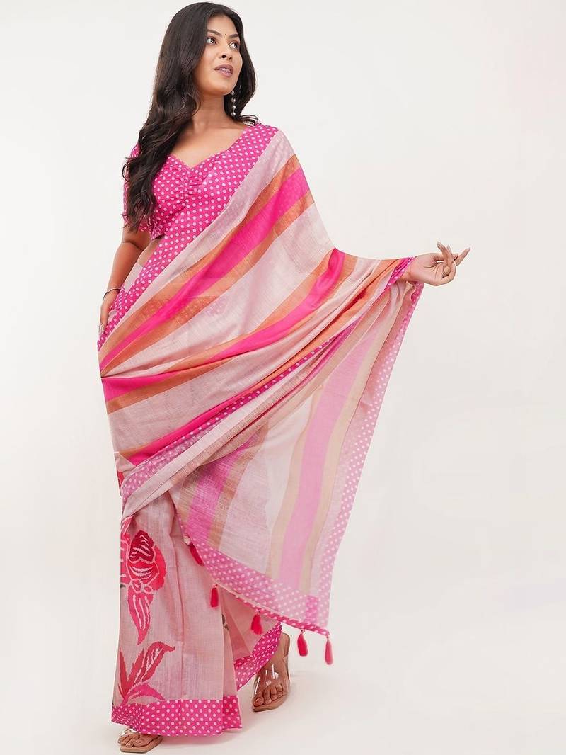 Pink linen printed saree with blouse