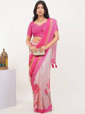Pink linen printed saree with blouse 3