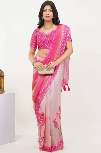 Pink linen printed saree with blouse
