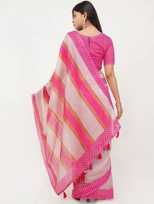 Pink linen printed saree with blouse 4