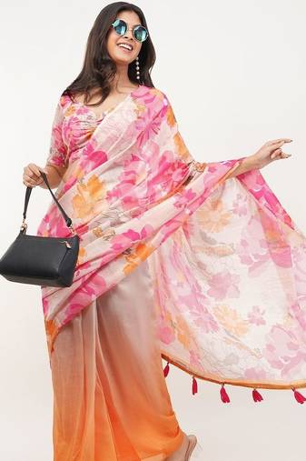 Pink linen printed saree with blouse