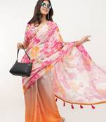 Pink linen printed saree with blouse
