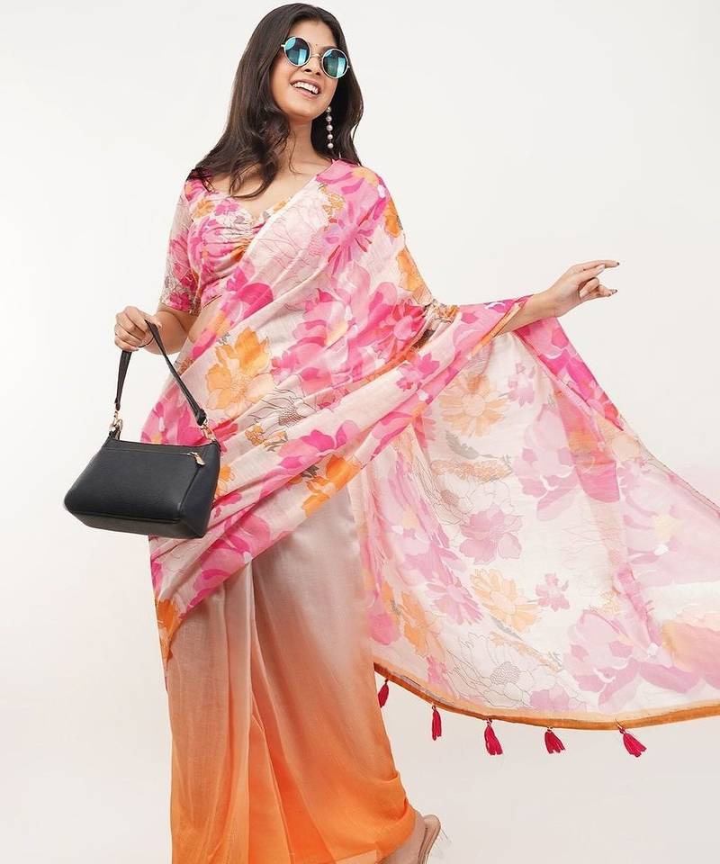 Pink linen printed saree with blouse