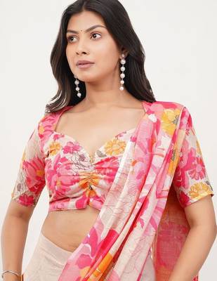 Pink linen printed saree with blouse 2