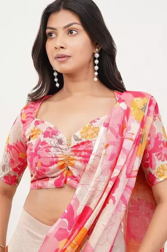 Pink linen printed saree with blouse