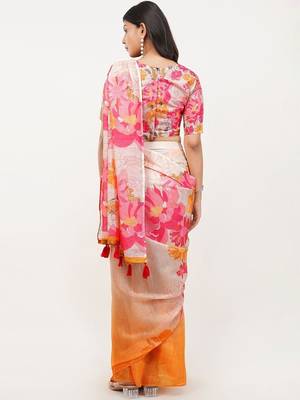 Pink linen printed saree with blouse 3