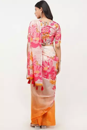 Pink linen printed saree with blouse