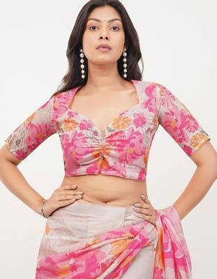 Pink linen printed saree with blouse 4