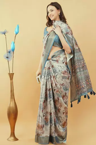 White polyester printed saree with blouse