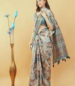 White polyester printed saree with blouse