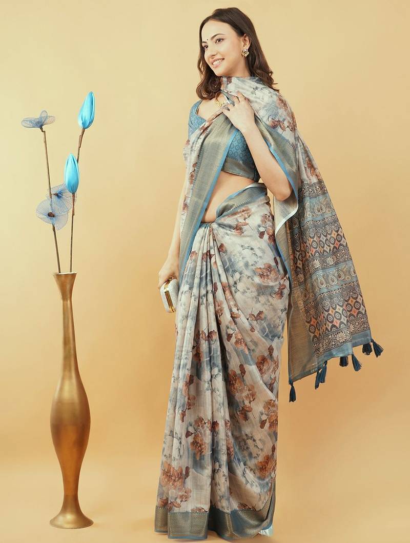 White polyester printed saree with blouse