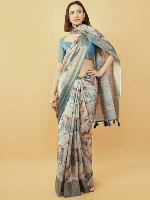 White polyester printed saree with blouse 2