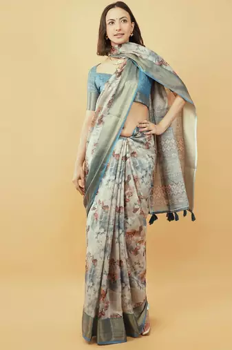 White polyester printed saree with blouse