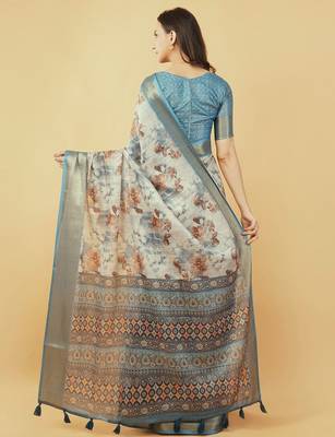 White polyester printed saree with blouse 4