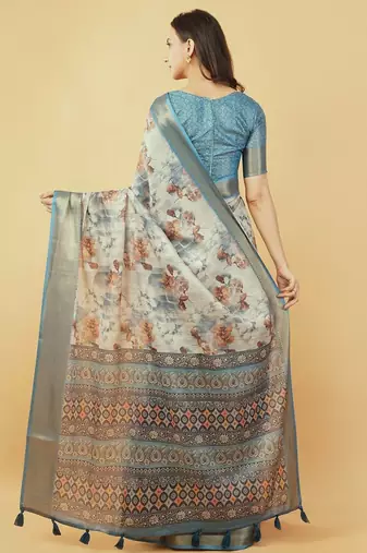 White polyester printed saree with blouse