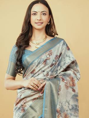 White polyester printed saree with blouse 5