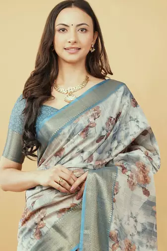 White polyester printed saree with blouse