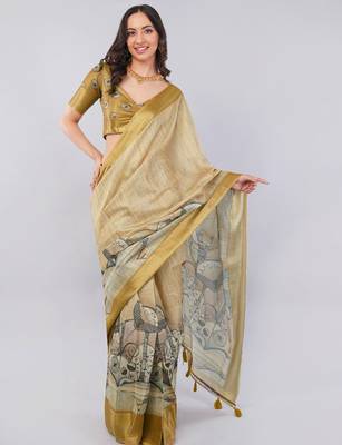 Beige polyester printed saree with blouse 1