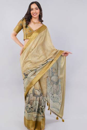 Beige polyester printed saree with blouse