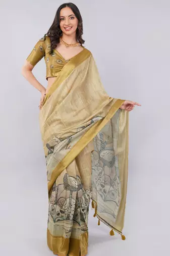 Beige polyester printed saree with blouse