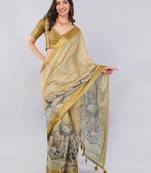 Beige polyester printed saree with blouse