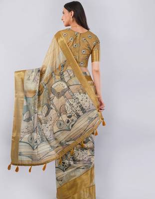 Beige polyester printed saree with blouse 2