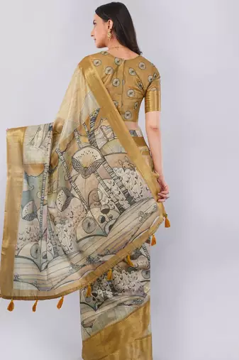Beige polyester printed saree with blouse