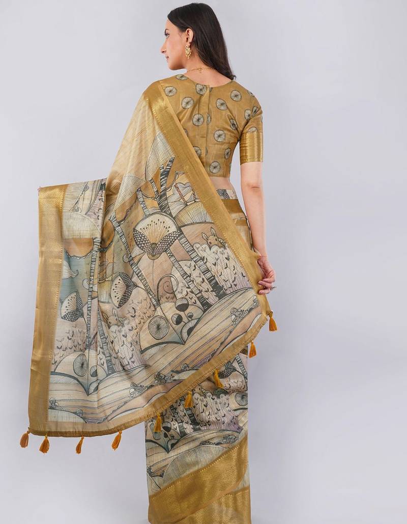 Beige polyester printed saree with blouse