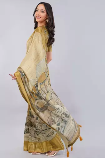Beige polyester printed saree with blouse