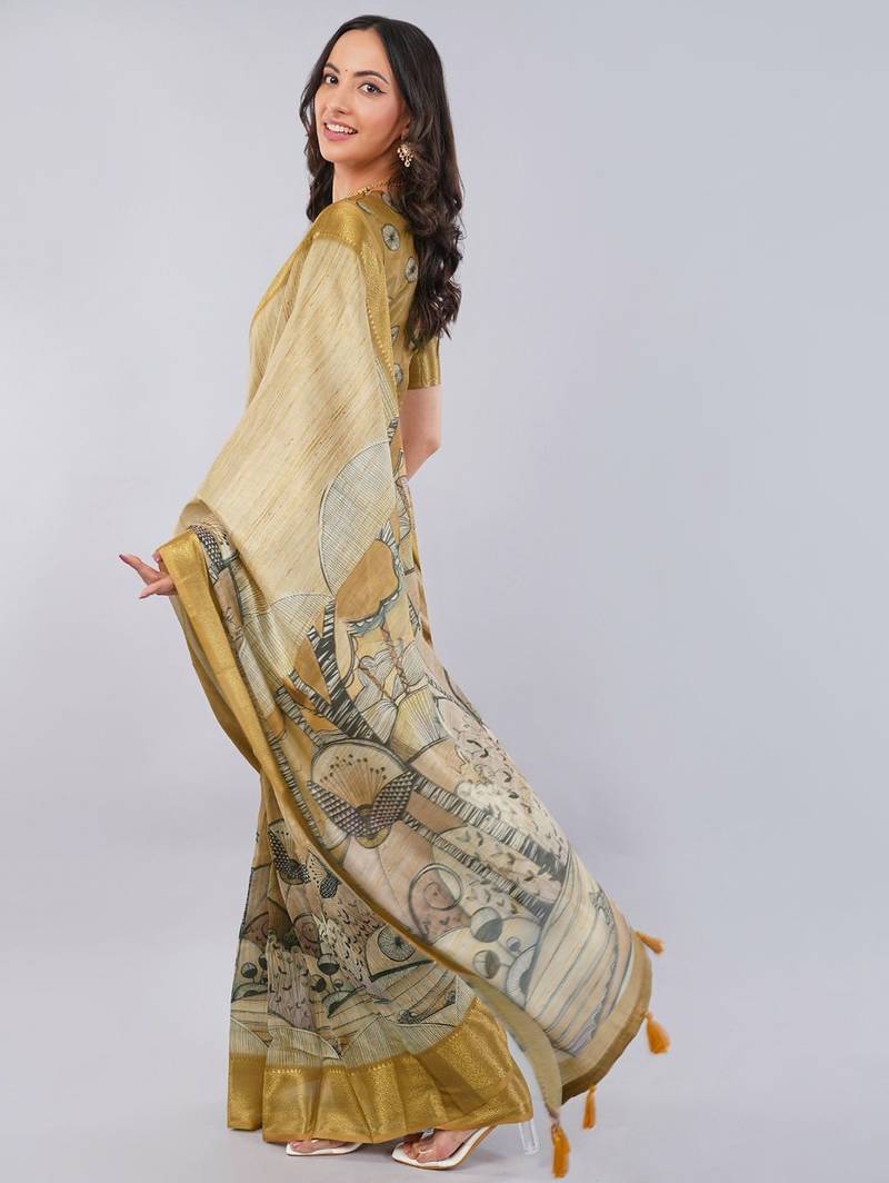Beige polyester printed saree with blouse
