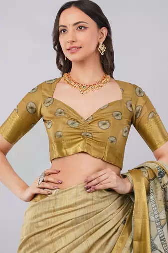 Beige polyester printed saree with blouse