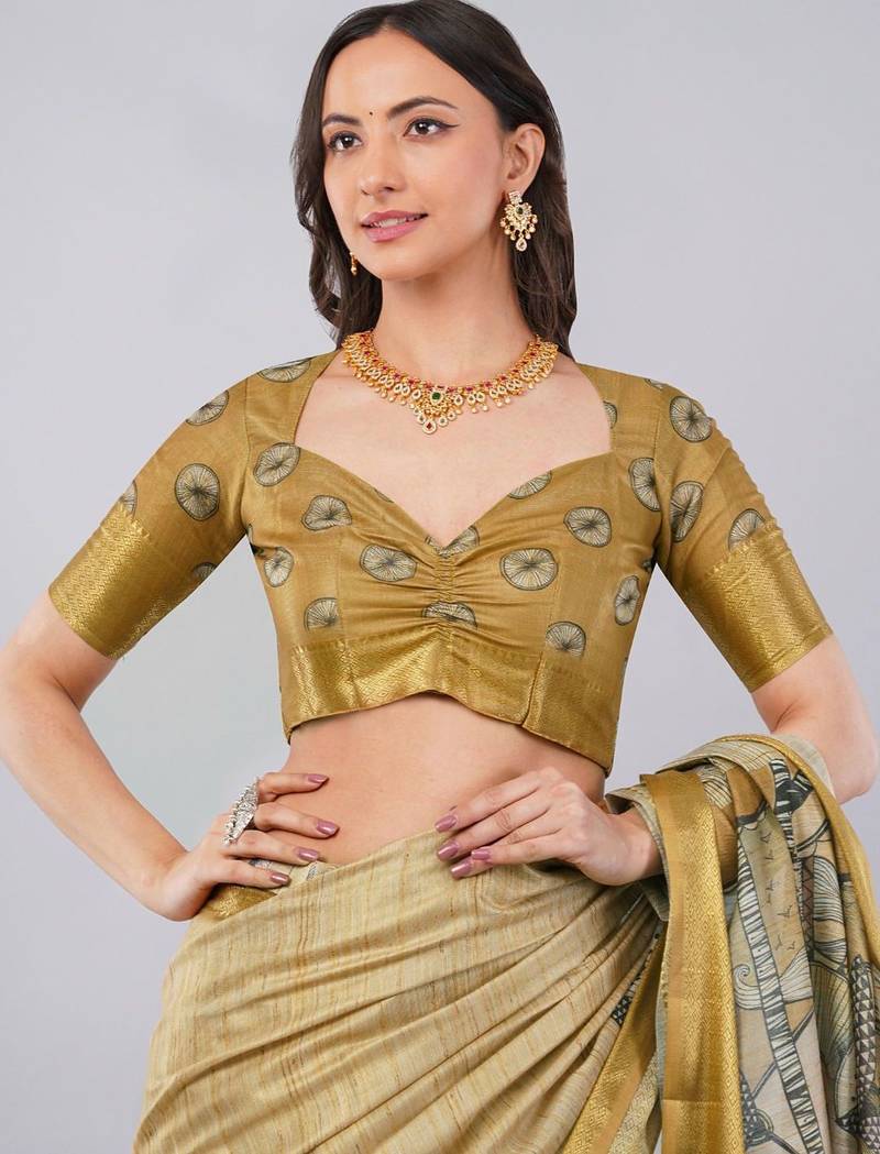 Beige polyester printed saree with blouse