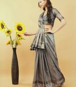 Grey polyester printed saree with blouse