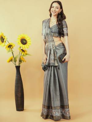 Grey polyester printed saree with blouse 2
