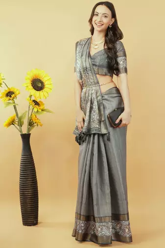 Grey polyester printed saree with blouse
