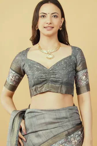 Grey polyester printed saree with blouse